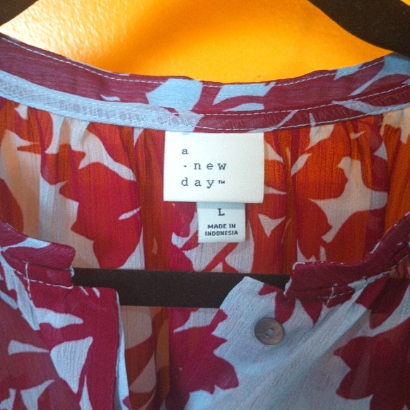 A New Day Maroon & Light Gray Long Sleeve Front Button Semi Sheer Top Size L - Picture 10 of 10